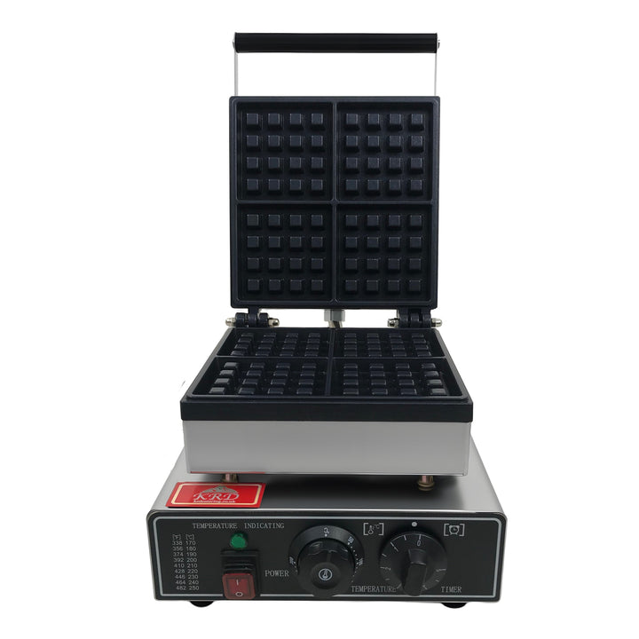 KRD Heavy Duty Commercial Square 1-Plate Waffle Maker 1600W KRW-4 with stainless steel finish and adjustable temperature settings.