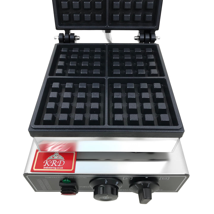 KRD Heavy Duty  Commercial Square 1-Plate Waffle Maker 1600W  KRW-4 with stainless steel design and four-section waffle plates.
