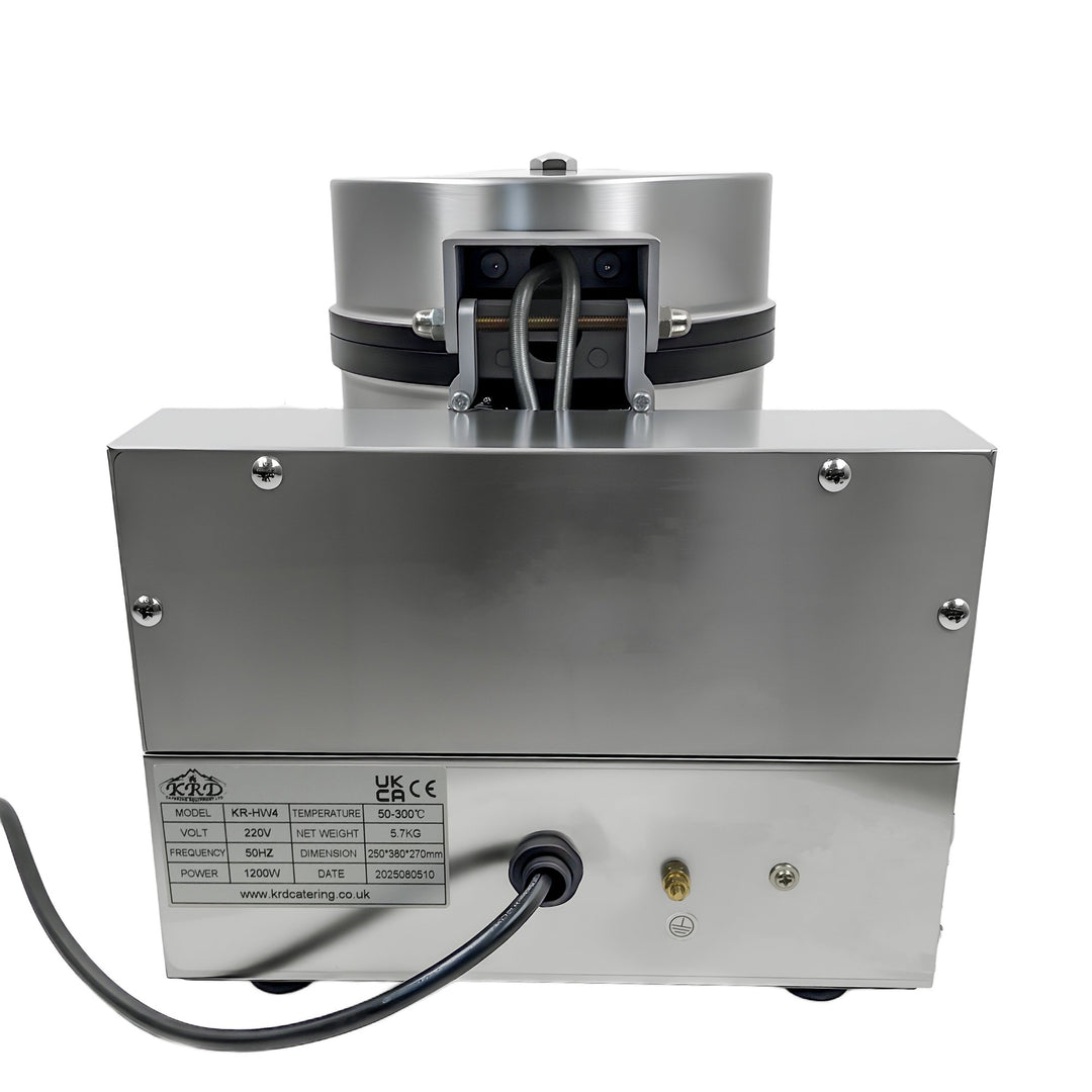 Back view of KRD Heavy Duty 1-Plate 4-heart electric waffle machine 1200W KR-HW4 with stainless steel finish.