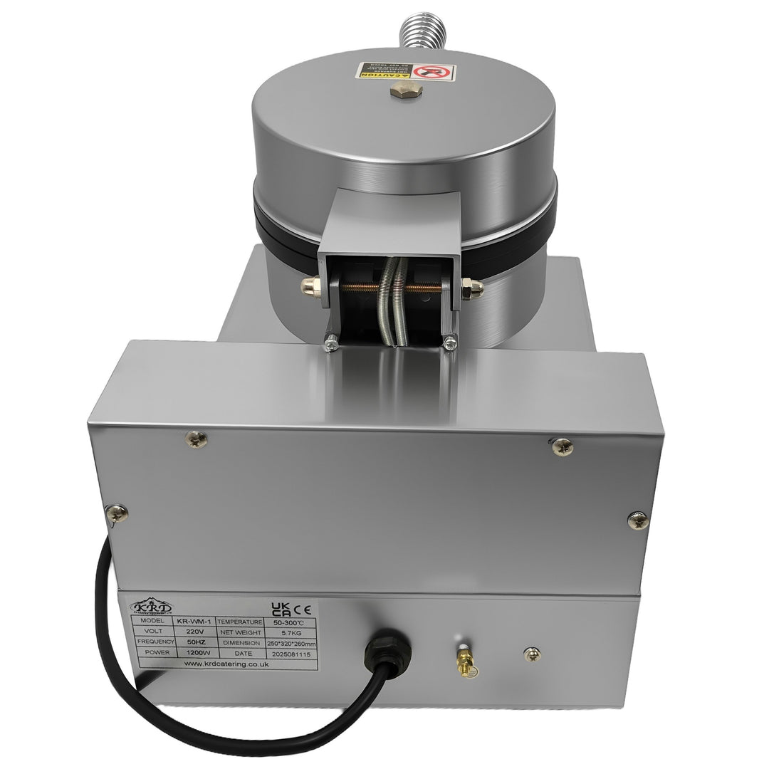 KRD Heavy Duty 1-Plate electric waffle machine 1200W KR-WM-1, stainless steel design for commercial kitchen use.