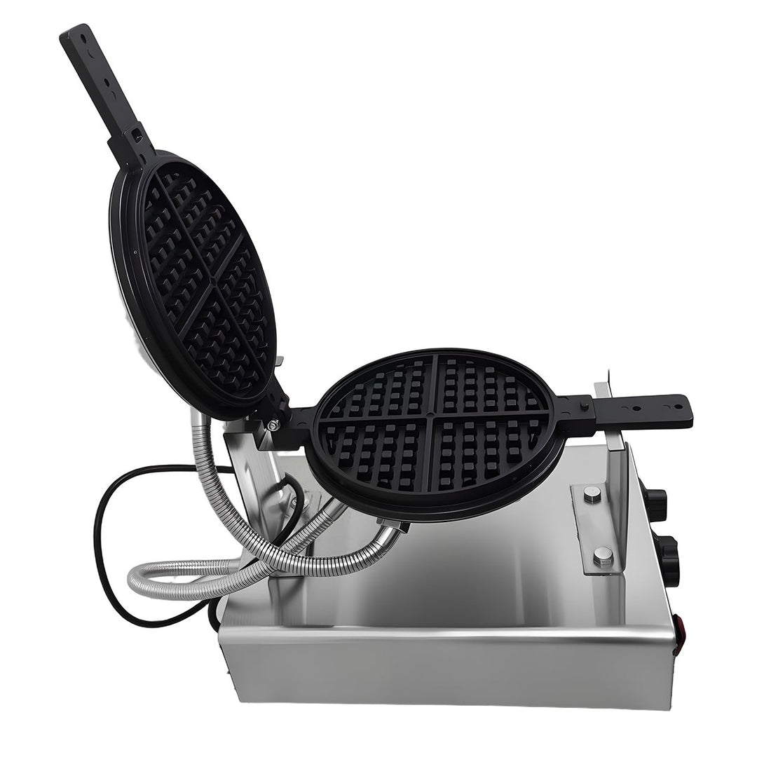 KRD Heavy Duty 1-Plate electric waffle machine 1400W KR-WM-1A showcasing its stainless steel design and waffle plates.
