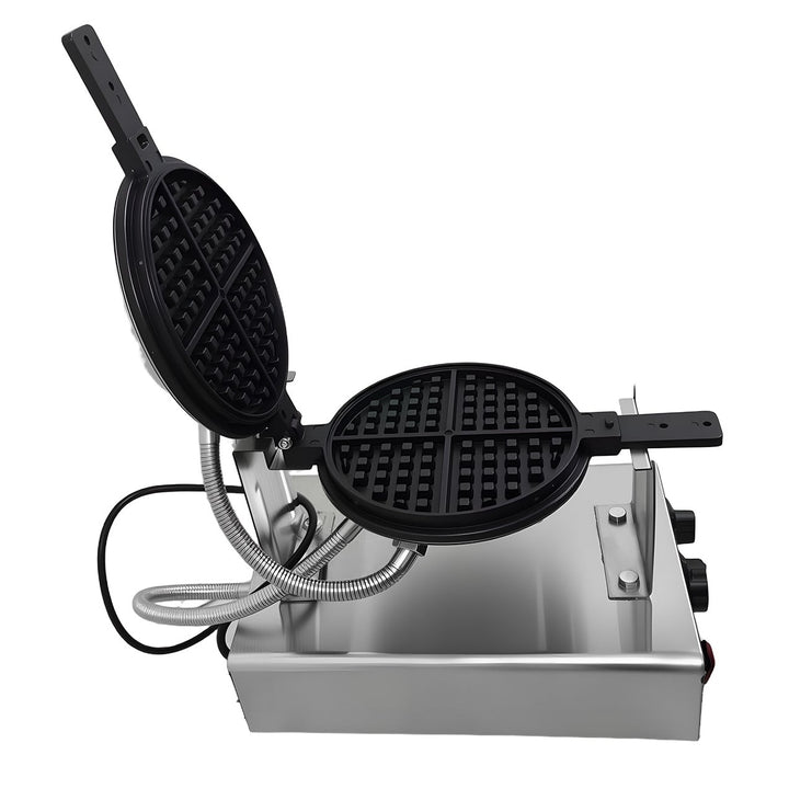 KRD Heavy Duty 1-Plate electric waffle machine 1400W KR-WM-1A showcasing its stainless steel design and waffle plates.