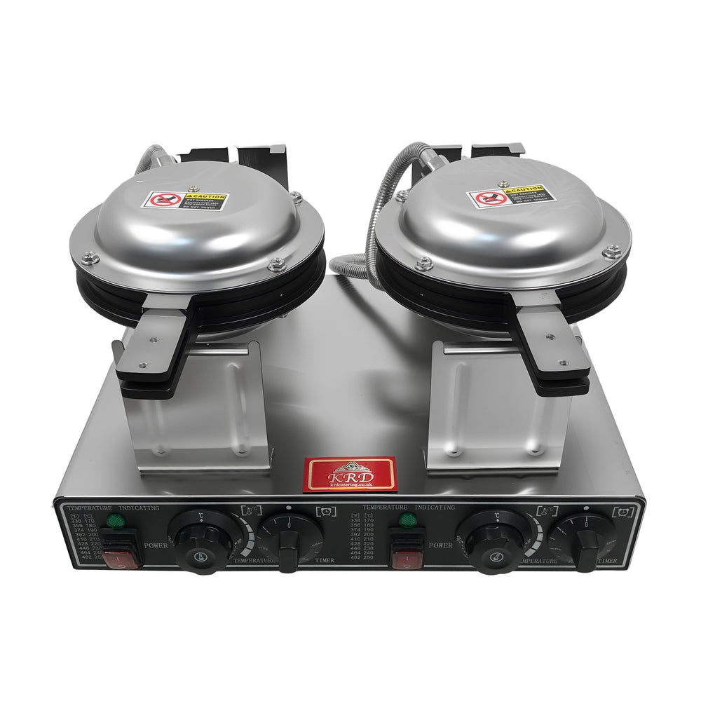 KRD Heavy Duty 2-Plate electric waffle machine 1400W+1400W KR-WM-2A for commercial kitchens, stainless steel design.