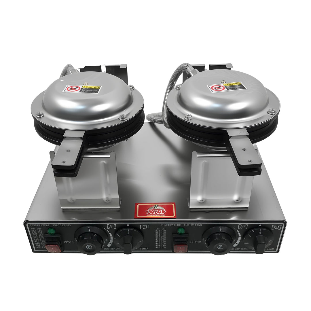 KRD Heavy Duty 2-Plate electric waffle machine 1400W+1400W KR-WM-2A for commercial kitchens, stainless steel design.