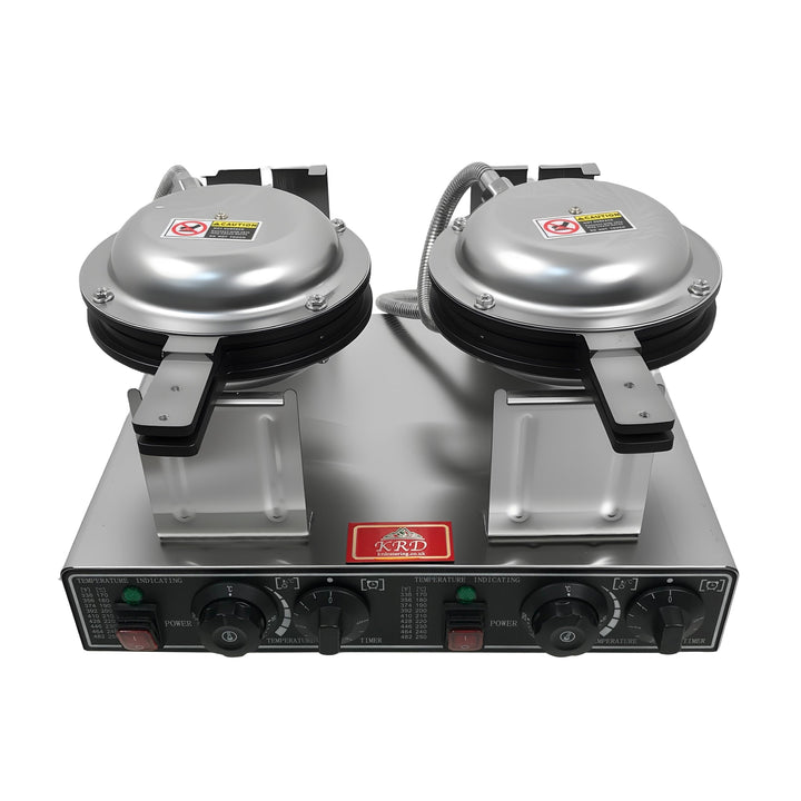 KRD Heavy Duty 2-Plate electric waffle machine 1400W+1400W KR-WM-2A for commercial kitchens, stainless steel design.