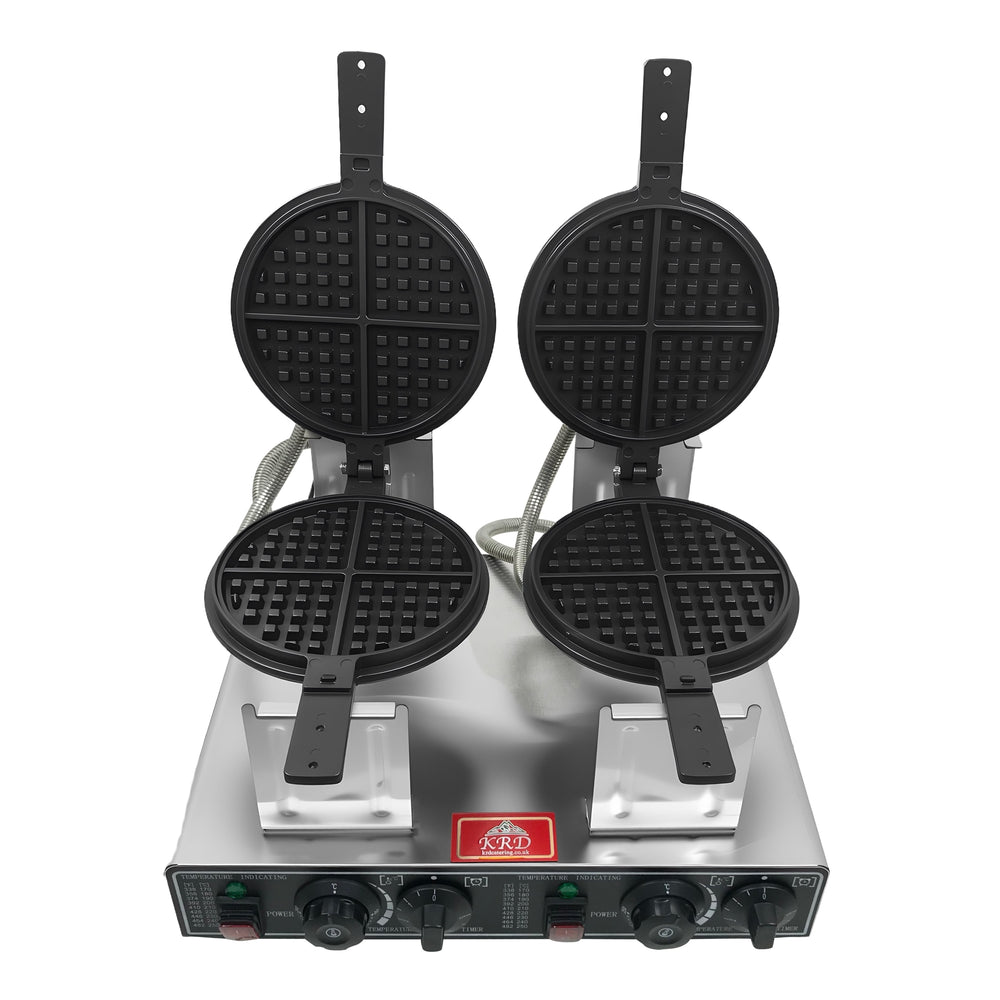 KRD Heavy Duty 2-Plate electric waffle machine 1400W+1400W KR-WM-2A with dual waffle plates for commercial kitchen use.