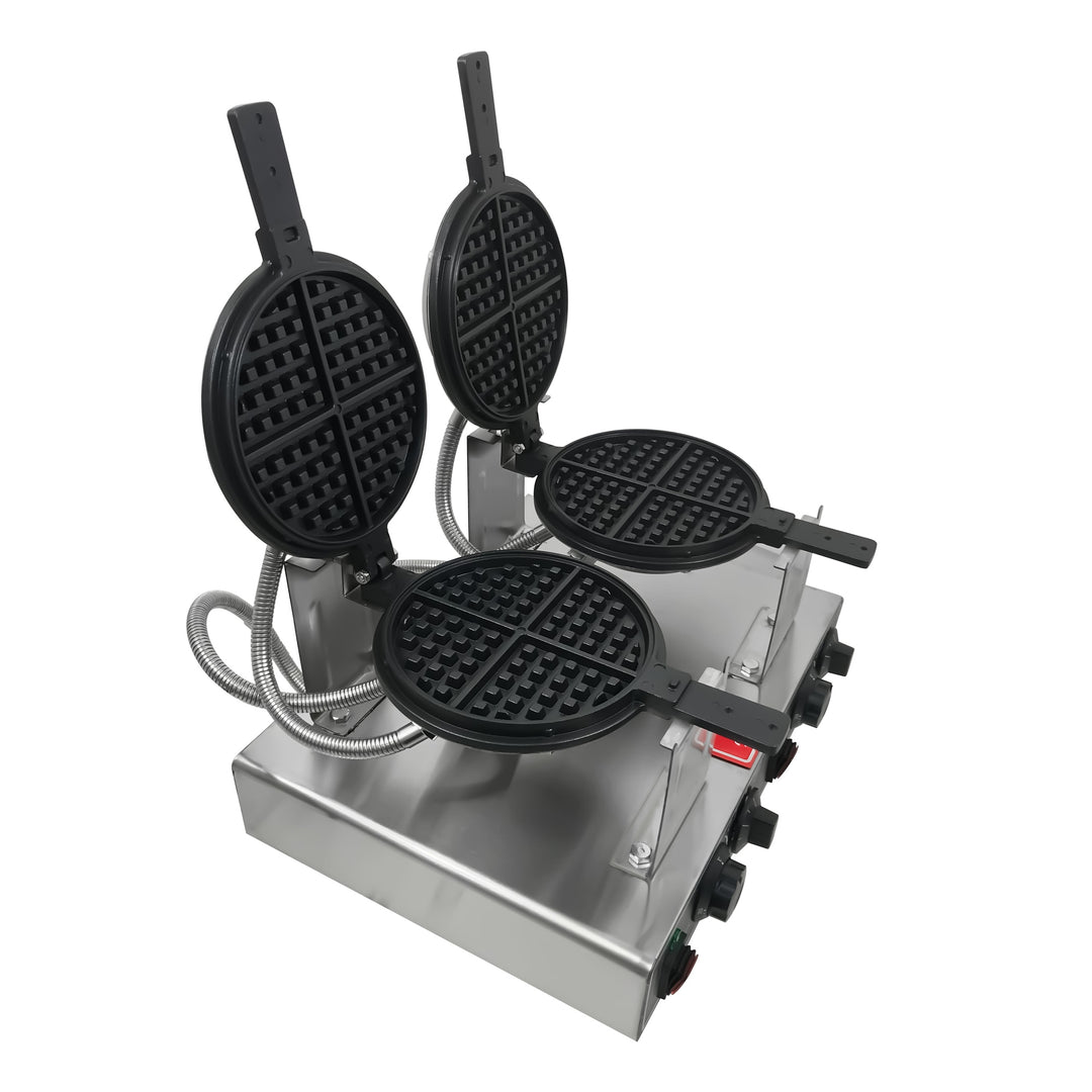 KRD Heavy Duty 2-Plate electric waffle machine 1400W+1400W KR-WM-2A with stainless steel body, ideal for commercial kitchen equipment.