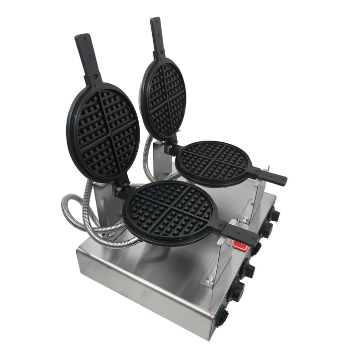 KRD Heavy Duty 2-Plate electric waffle machine 1400W+1400W KR-WM-2A with stainless steel body, ideal for commercial kitchen equipment.
