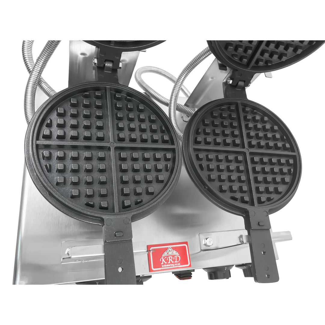 KRD Heavy Duty 2-Plate electric waffle machine 1400W+1400W KR-WM-2A with stainless steel body and two round waffle plates.