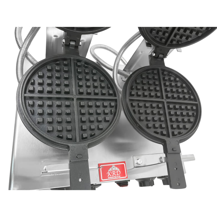 KRD Heavy Duty 2-Plate electric waffle machine 1400W+1400W KR-WM-2A with stainless steel body and two round waffle plates.