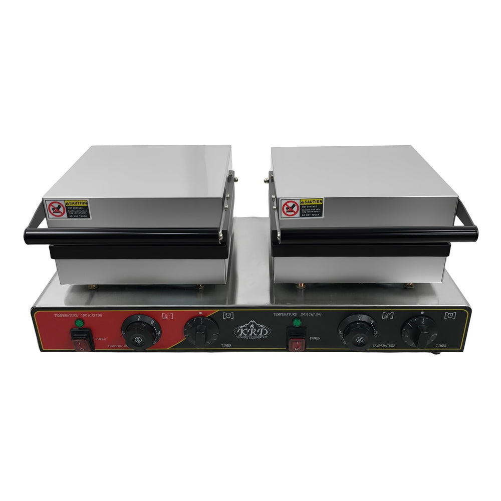 KRD Heavy Duty  Commercial Square 2-Plate Waffle Maker 1750W+1750W  KRW-6 featuring stainless steel construction and dual cooking plates.
