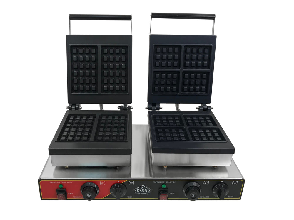 KRD Heavy Duty Commercial Square 2-Plate Waffle Maker 1750W+1750W KRW-6 with stainless steel base and black waffle plates.