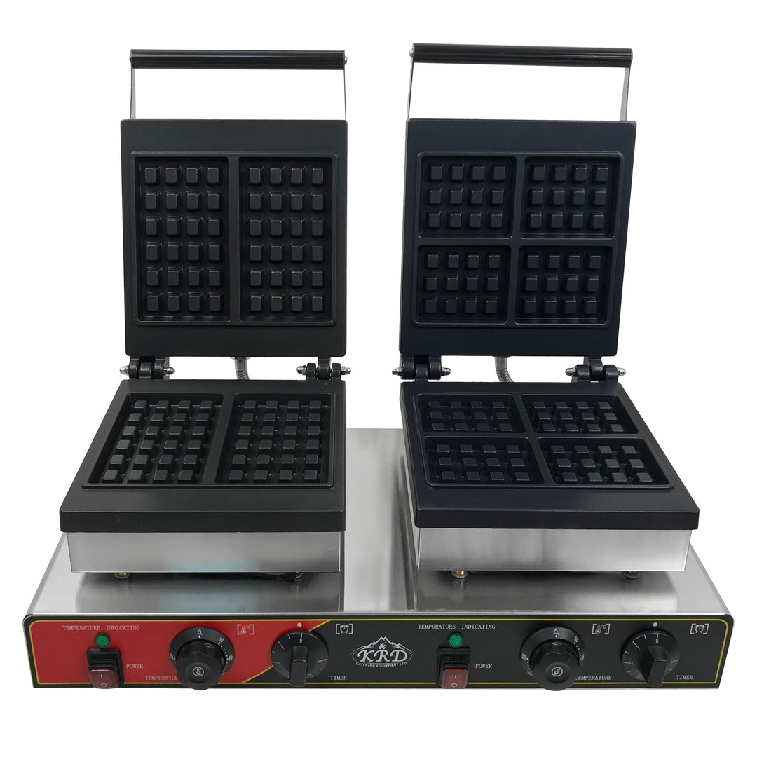 KRD Heavy Duty Commercial Square 2-Plate Waffle Maker 1750W+1750W KRW-6 with stainless steel base and black waffle plates.