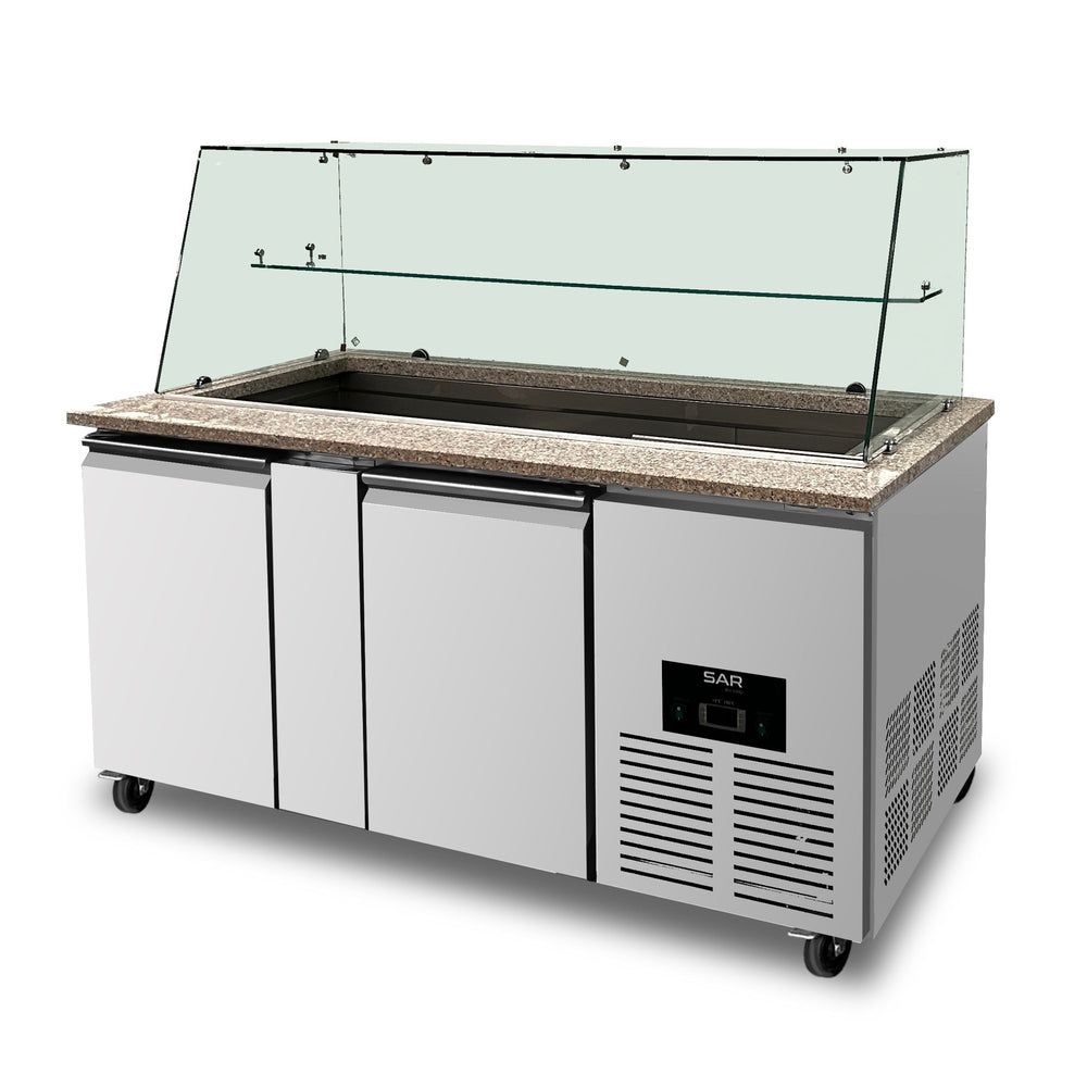 KRD Commercial Saladette Fridge Glass top 2 doors and marble, stainless steel, ideal for commercial kitchen equipment.