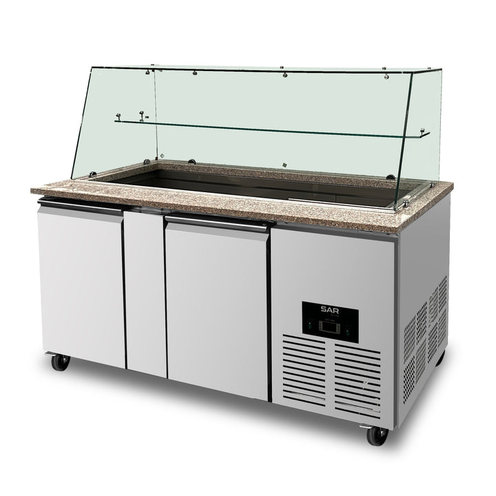 KRD Commercial Saladette Fridge Glass top 2 doors and marble, stainless steel, ideal for commercial kitchen equipment.