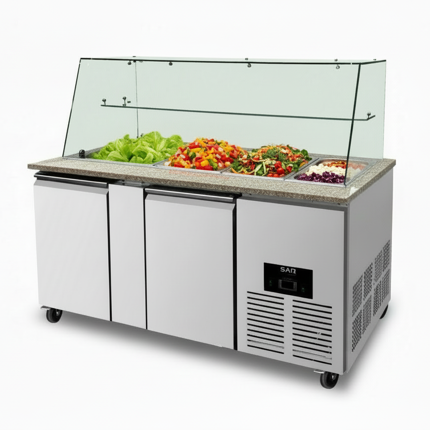 KRD Commercial Saladette Fridge Glass top 2 doors and marble with ample storage for salad ingredients in a commercial kitchen.