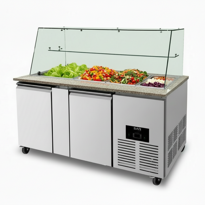 KRD Commercial Saladette Fridge Glass top 2 doors and marble with ample storage for salad ingredients in a commercial kitchen.