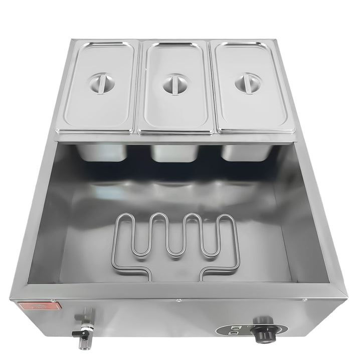 KRD Electric Bain Marie With 6x1/6GN Pans And Lids Countertop KRB-6V showcasing stainless steel construction and heating element.