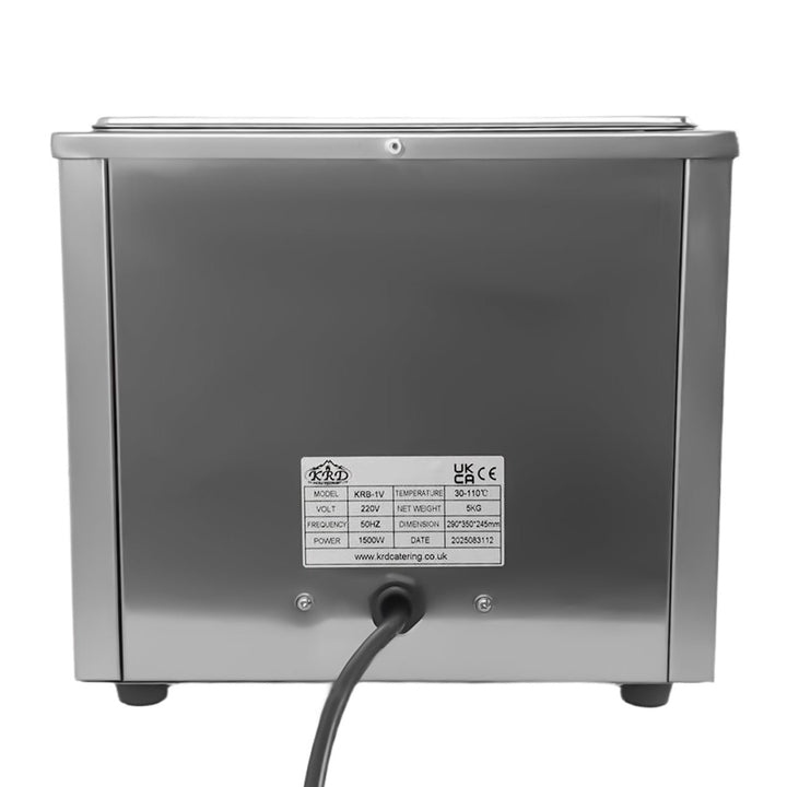 KRD Electric Bain Marie With 1/GN Pans And Lids Countertop KRB-1V back view showing stainless steel design and specifications.