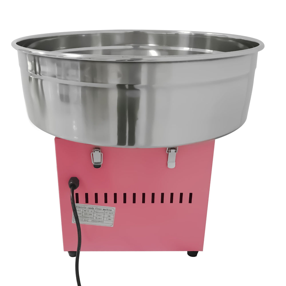 KRD Professional Electric candy floss machine 930W KR-CF-1E with stainless steel bowl and pink base, ideal for commercial catering equipment.