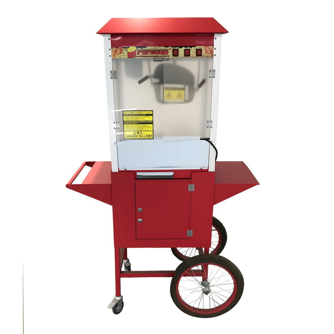 KRD Commercial Tabletop Electric popcorn machine with cart 1400KW KRP-7C in red with stainless steel accents, ideal for commercial kitchens.