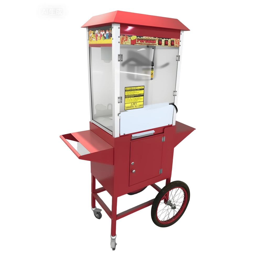 KRD Commercial Tabletop Electric popcorn machine with cart 1400KW KRP-7C in red, designed for efficient service in venues.