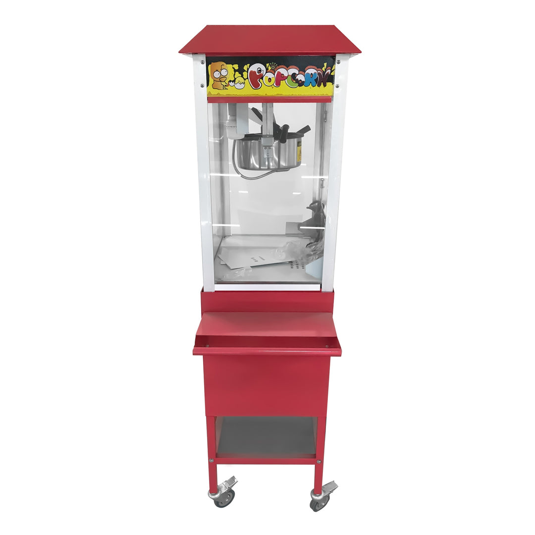 KRD Commercial Tabletop Electric popcorn machine with cart 1400KW KRP-7C in red, designed for efficient popcorn production.