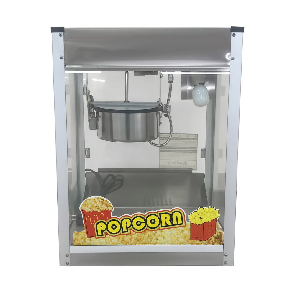 KRD Commercial Tabletop Electric popcorn machine 1400KW KR-2488 with stainless steel and glass design, ideal for commercial catering.