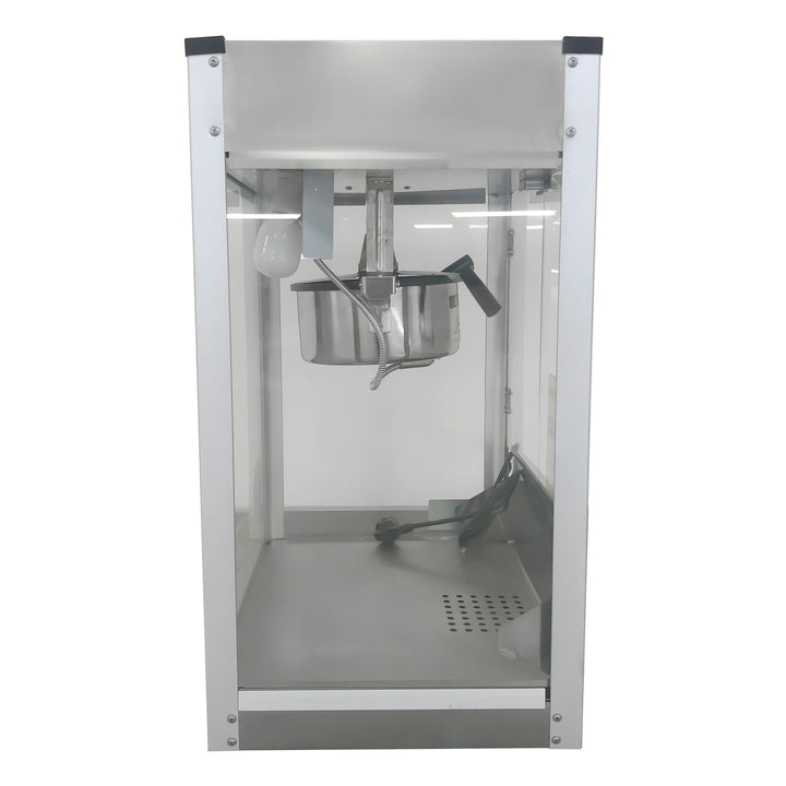 KRD Commercial Tabletop Electric popcorn machine 1400KW KR-2488 with stainless steel interior and clear glass enclosure for easy viewing.