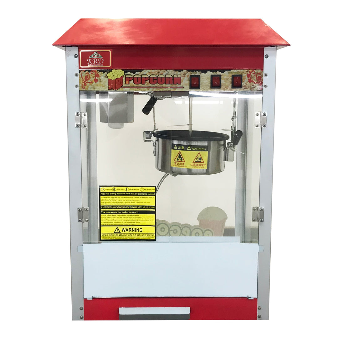 KRD Commercial Tabletop Electric popcorn machine 1400KW KRP-6B with stainless steel bowl and clear glass sides for commercial catering.