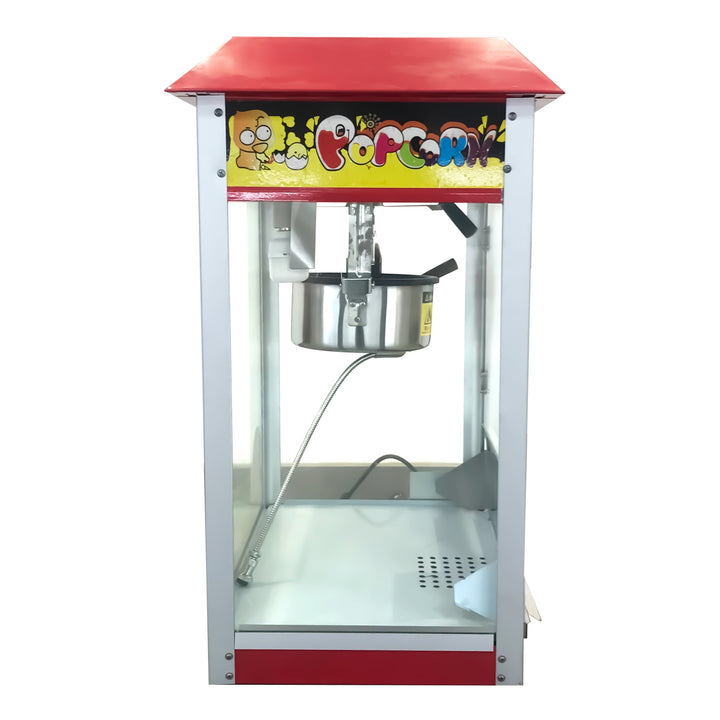 KRD Commercial Tabletop Electric popcorn machine 1400KW KRP-6B with stainless steel kettle and glass enclosure for commercial kitchen use.
