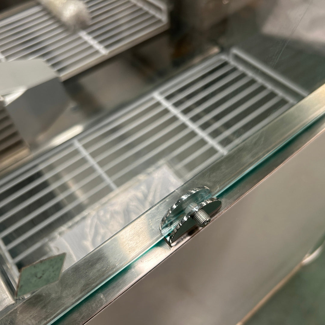 KRD Commercial Saladette Fridge Glass top 3 doors close-up of the stainless steel frame and glass top design for commercial kitchen.