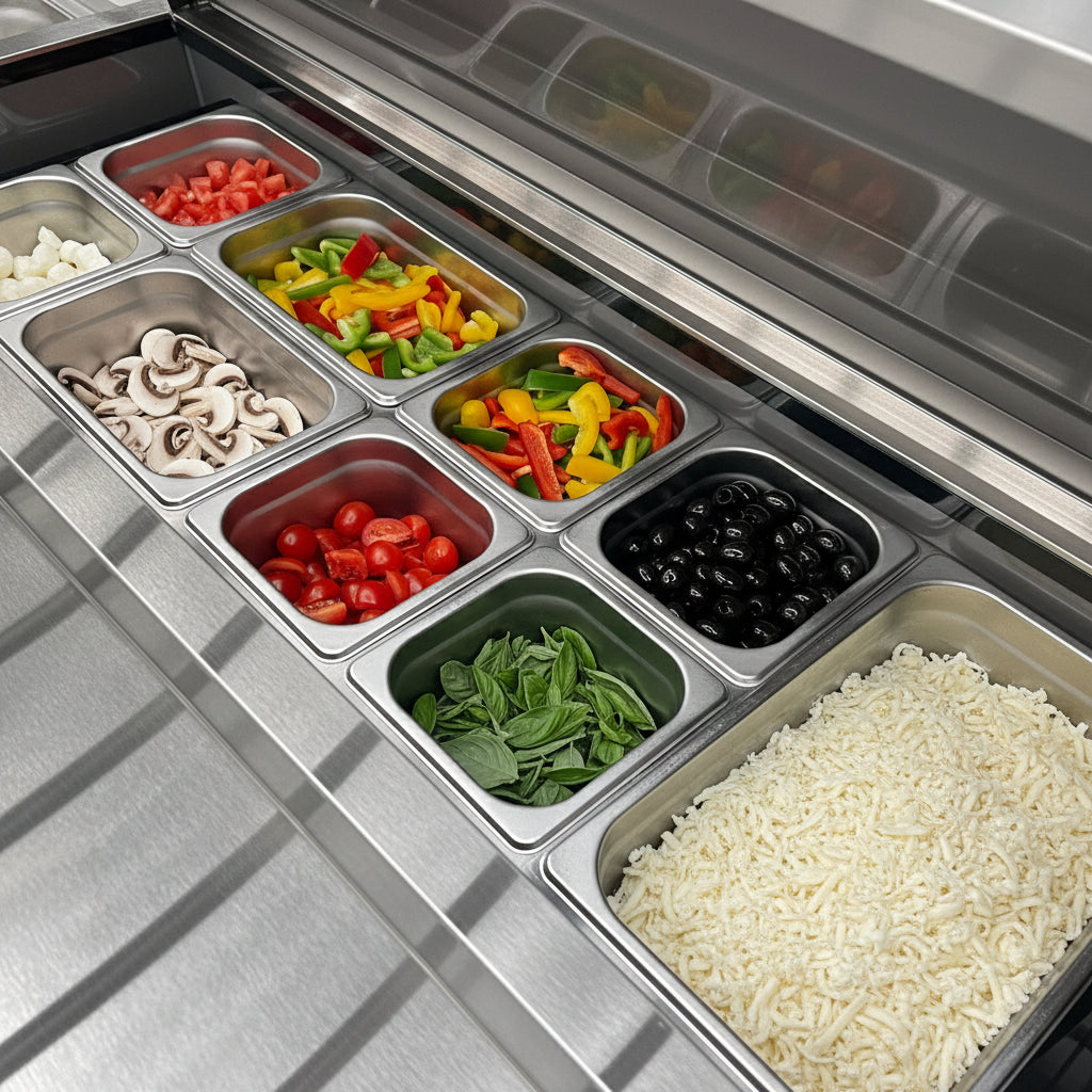 KRD Refrigerated Prep Table 3 doors Sandwich top 8xGN1/6 featuring stainless steel containers with fresh ingredients, ideal for commercial kitchen use.