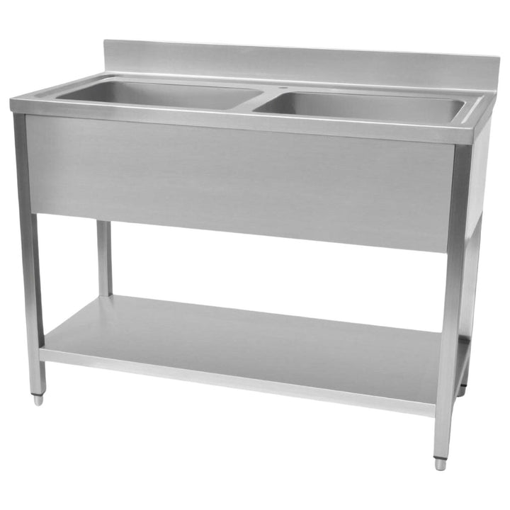 Commercial Sink Stainless steel 2 bowls Bottom shelf Splashback 1200mm Depth 700mm ECSK127BM2
