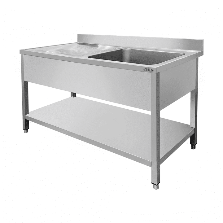 KRD Commercial Sink Stainless Steel 1 bowl Right Bottom Shelf Splashback 1400x700x950mm THSTR147BR1