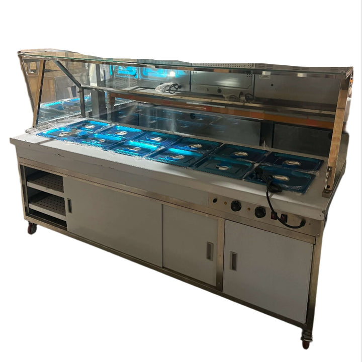 KRD Professional Bain Marie Hot Cupboard with Glass front Heated Display 190cm 10x GN1/2