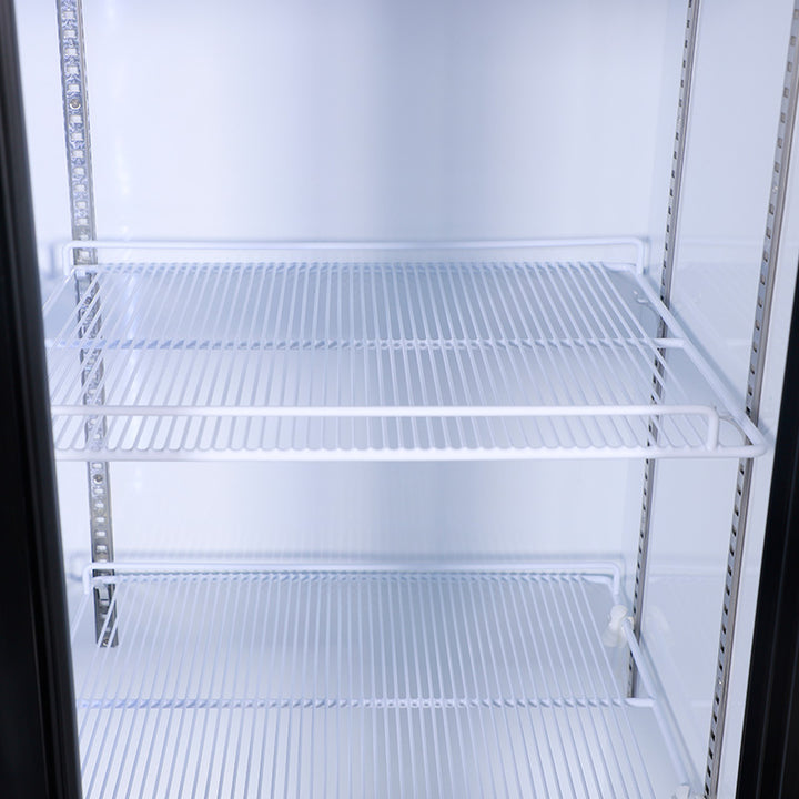 Interior view of KRD Commercial Double Bottle Cooler Fridge 2 Sliding Glass Door 108cm LGF800S with empty wire shelves.