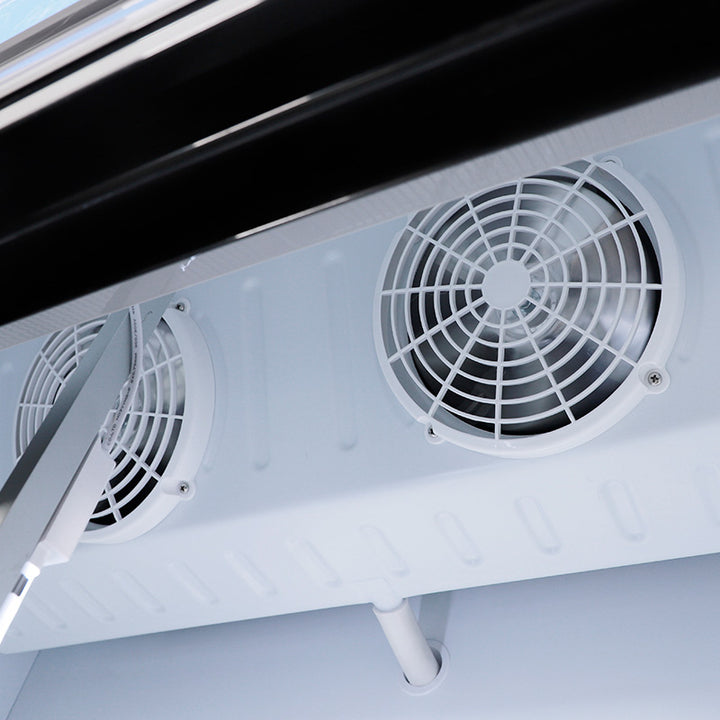 Cooling fan system of KRD Commercial Double Bottle Cooler Fridge 2 Sliding Glass Door 108cm LGF800S for efficient temperature control.