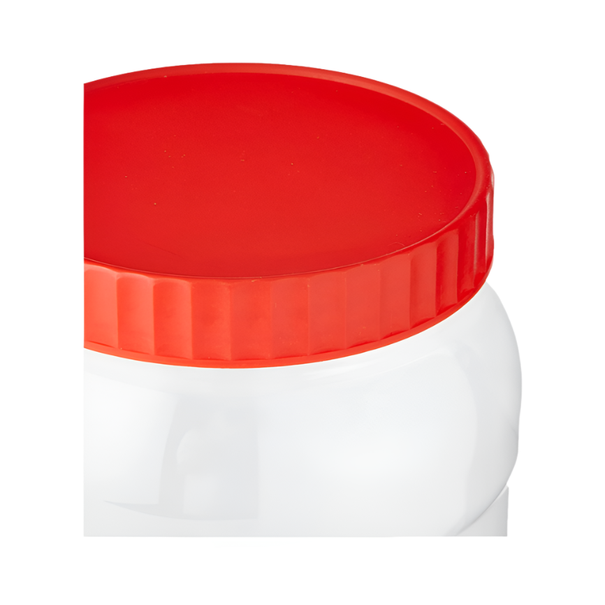 Red lid of a plastic food storage jar container, showcasing the top view of the 2L capacity design.
