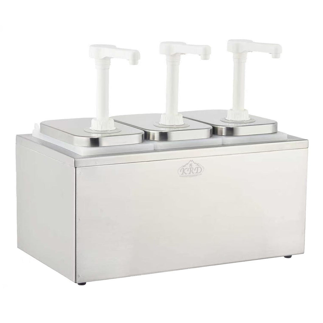KRD Condiment/Sauce Dispenser with Plastic Pump 3 x 2 Litre in stainless steel, ideal for commercial catering and kitchen environments.
