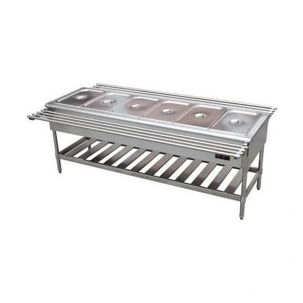 KRD Electric 6 Open Well Steam Table Food Warmer With Under-Shelf, stainless steel, 6 pans, commercial kitchen equipment.