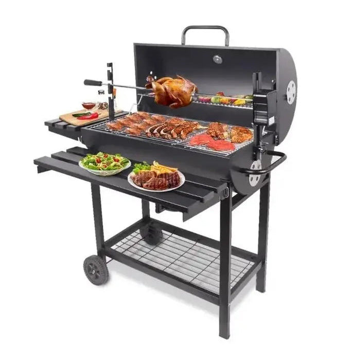 KRD Smoker and Charcoal Grill Barbeque with Rotating Rotisserie 100cm 2 Foldable Sides