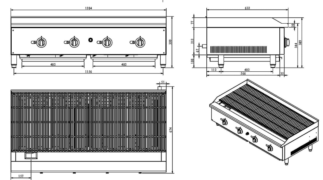 KRD Professional Natural Gas Chargrill 5 burners 37.5kW 150cm Quintuple Control ECB60S