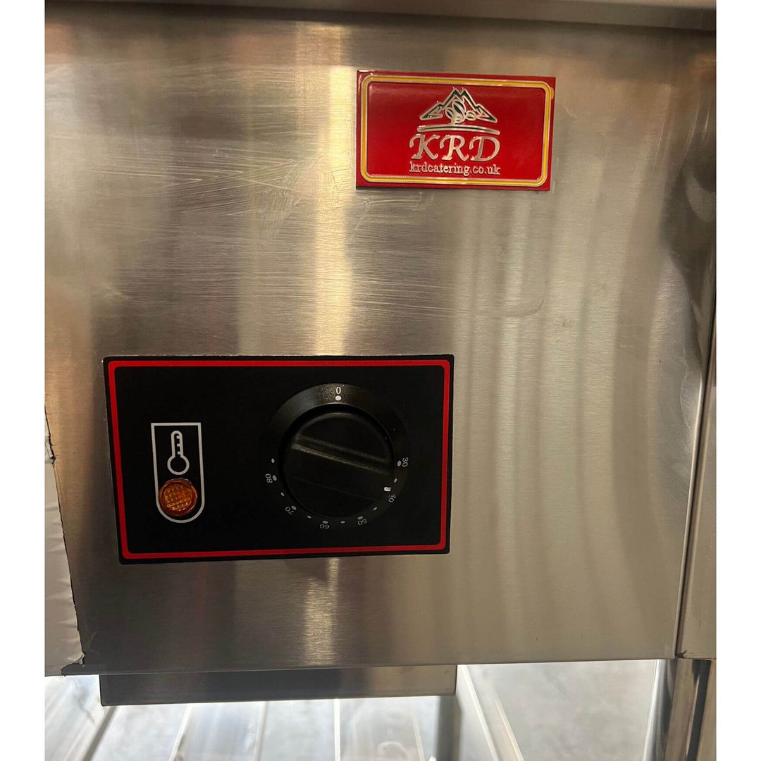 KRD Electric 6 Open Well Steam Table Food Warmer With Under-Shelf control panel featuring temperature dial and indicator light.