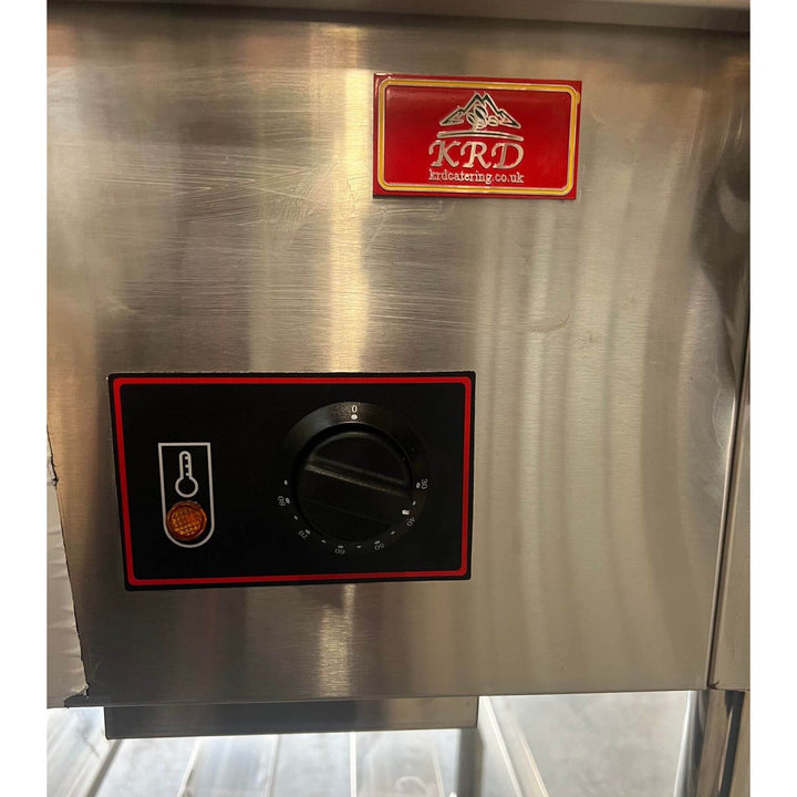 KRD Electric 6 Open Well Steam Table Food Warmer With Under-Shelf control panel featuring temperature dial and indicator light.