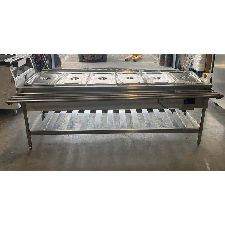 KRD Electric 6 Open Well Steam Table Food Warmer With Under-Shelf in stainless steel, featuring six GN pans and an undershelf.