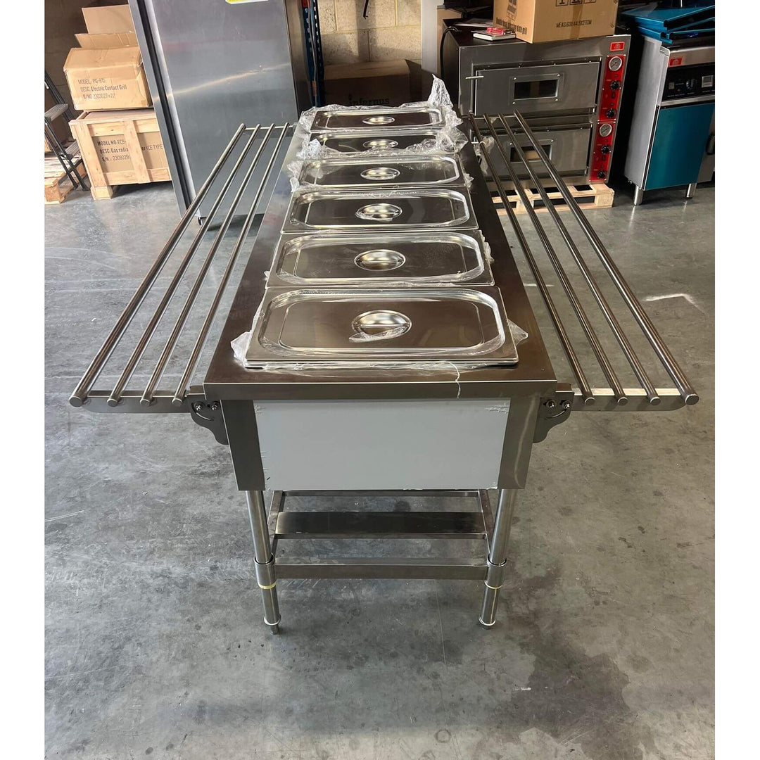 KRD Electric 6 Open Well Steam Table Food Warmer With Under-Shelf, stainless steel, 6 GN pans, commercial kitchen equipment.
