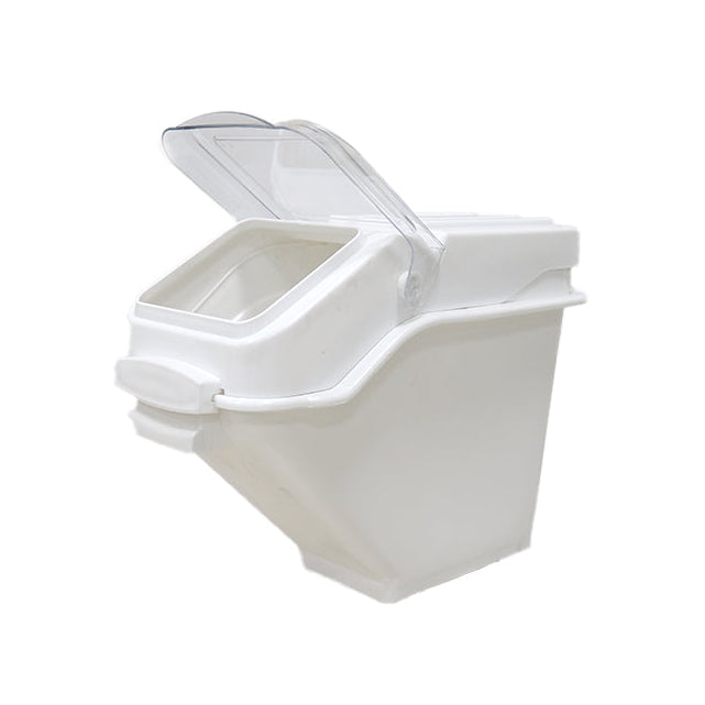 KRD Polypropylene Ingredient Bin Transparent lid 47 Litre for storing dried ingredients in a commercial kitchen.