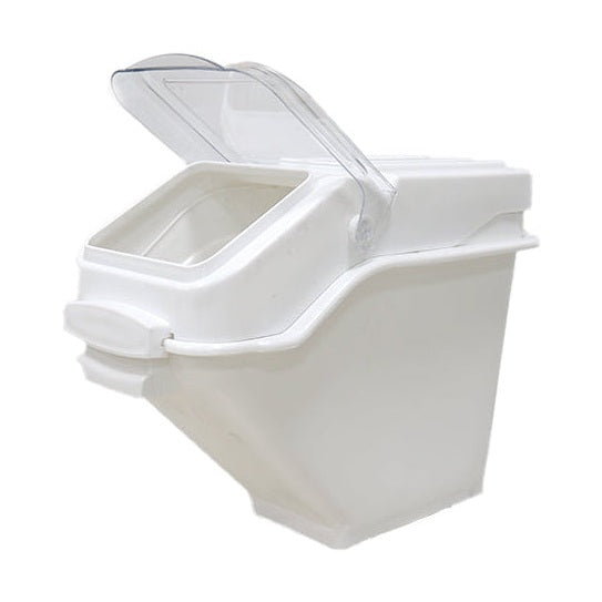 KRD Polypropylene Ingredient Bin Transparent lid 47 Litre for storing dried ingredients in a commercial kitchen.