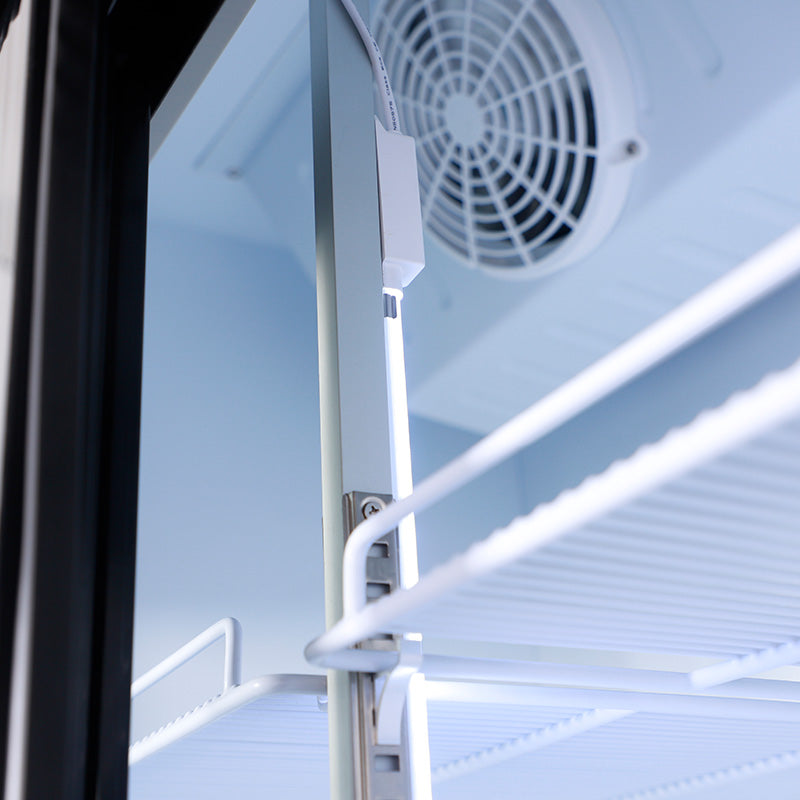 Interior view of KRD Commercial Double Bottle Cooler Fridge 2 Sliding Glass Door 108cm LGF800S showing cooling fan and shelves.